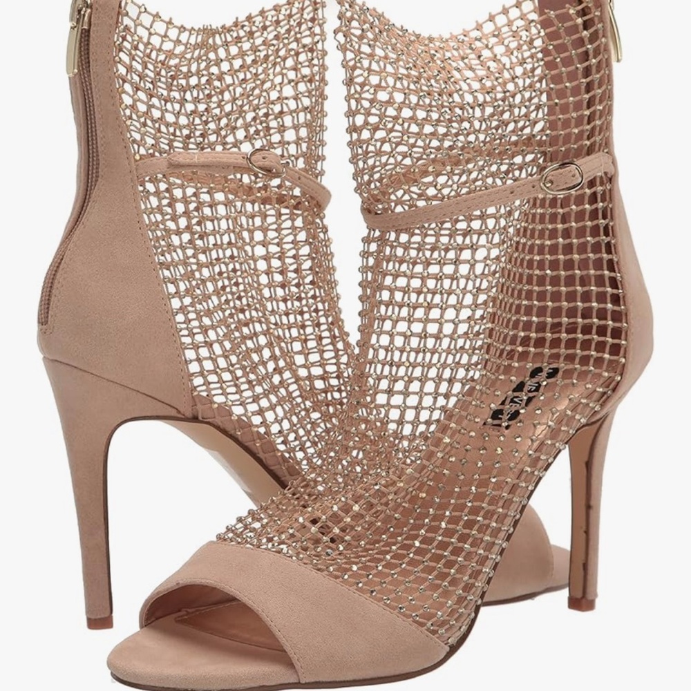 New with box Nine West Tan Imery Mesh PeepToe Stiletto Booties Size 8 Floor S…